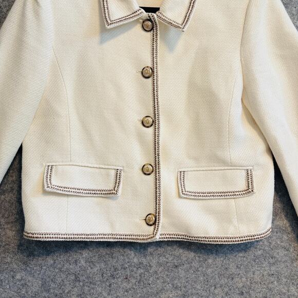 Veronica Beard Jacket Womens 12 Ivory Tweed Trim Makayla Gold Button Blazer - Picture 3 of 14